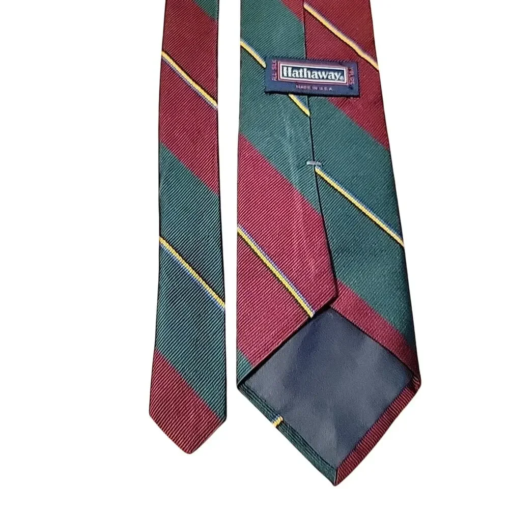 Men's Repp Neck Tie 100% Silk Hathaway Stripe Vtg Dress Formal Green Wine 4
