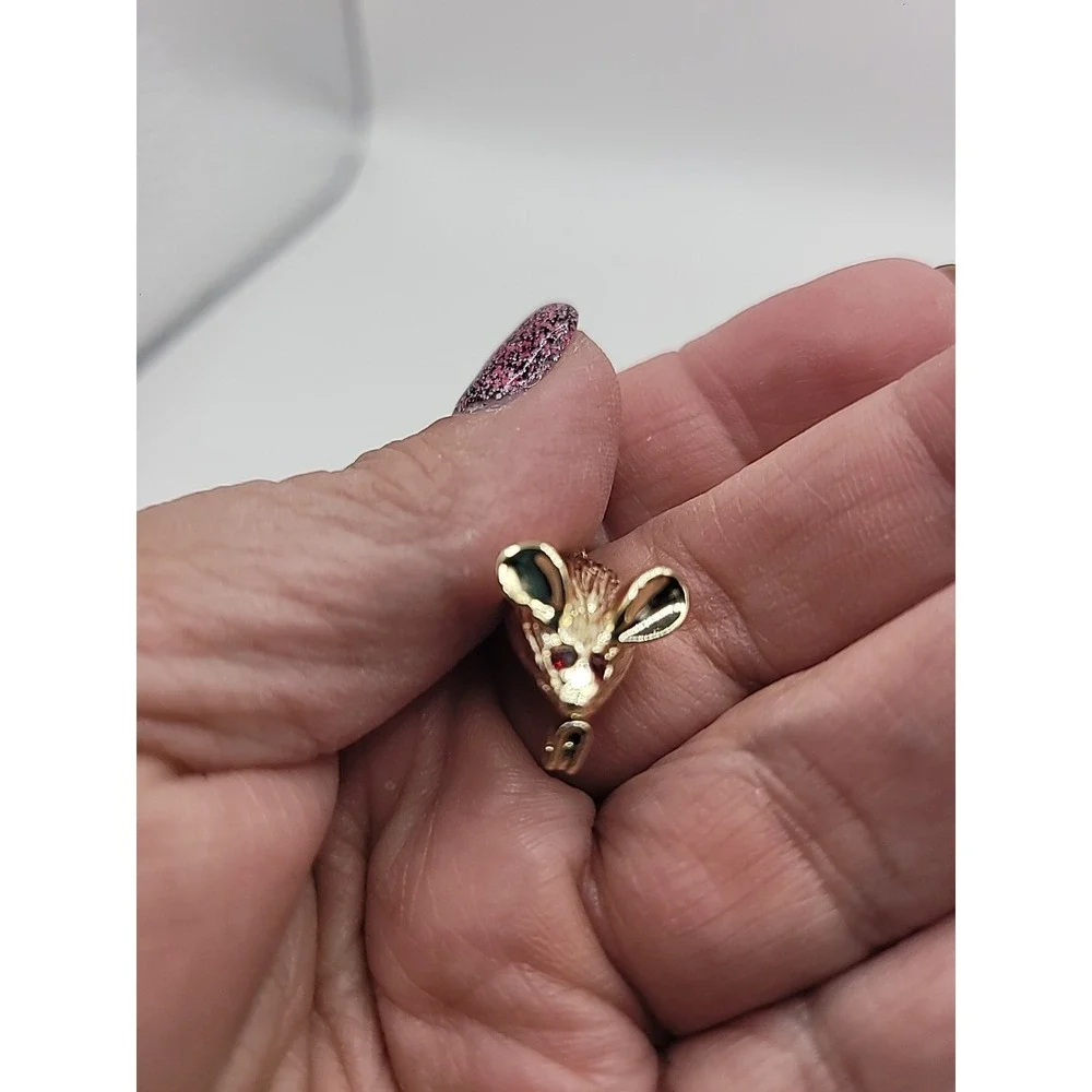 Vintage Gold Tone Mouse Brooch Pin Red Rhinestone Eyes Cute Figural Animal Jewel