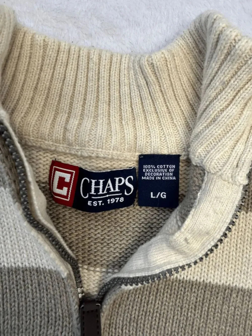 Chaps 100% Cotton 1/4 Zip Pullover Sweater Tan/Beige Stripe Size L Fair Isle