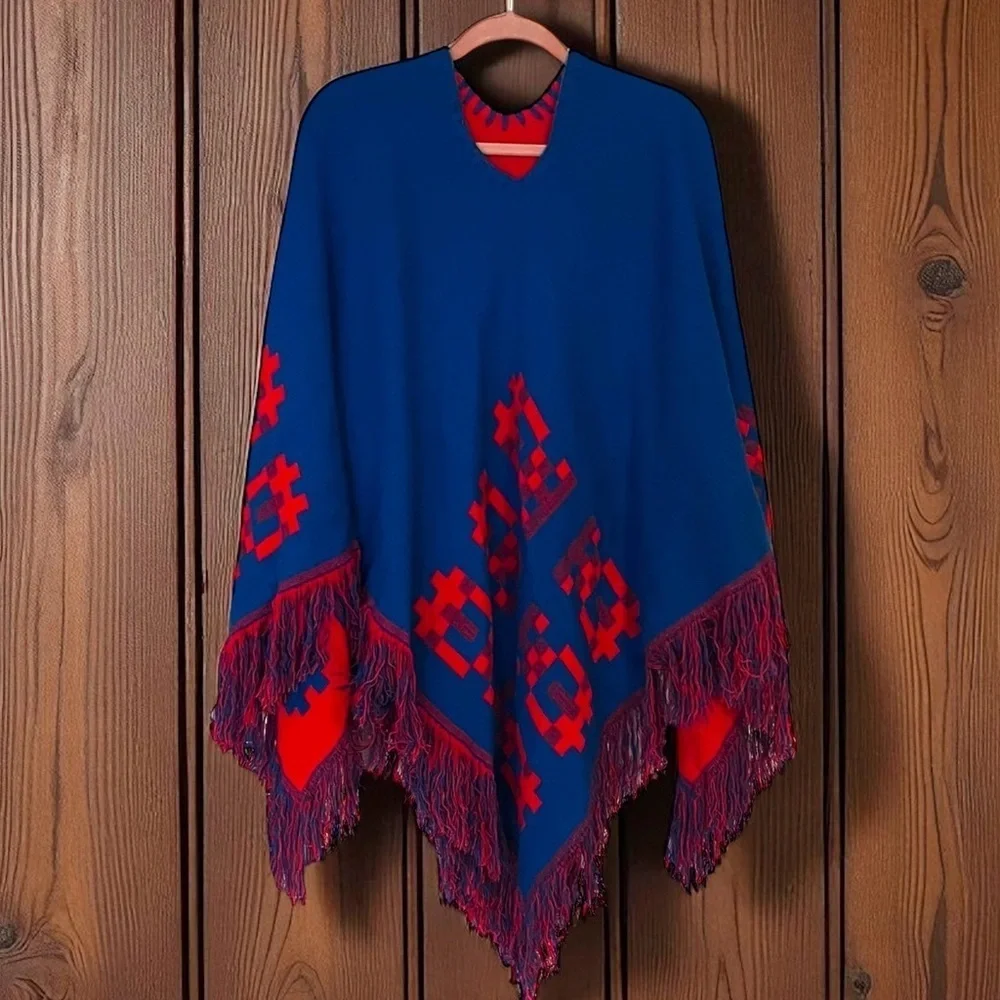 Vintage 70s Poncho Mexican Reversible Fringe Cape Shawl Blue/Red Wool Handmade