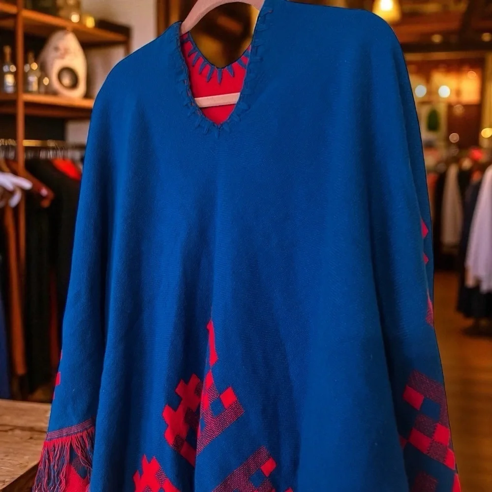 Vintage 70s Poncho Mexican Reversible Fringe Cape Shawl Blue/Red Wool Handmade