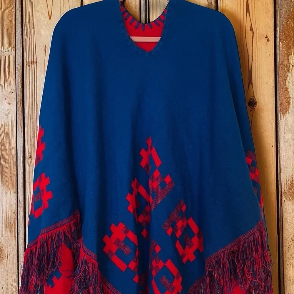 Vintage 70s Poncho Mexican Reversible Fringe Cape Shawl Blue/Red Wool Handmade