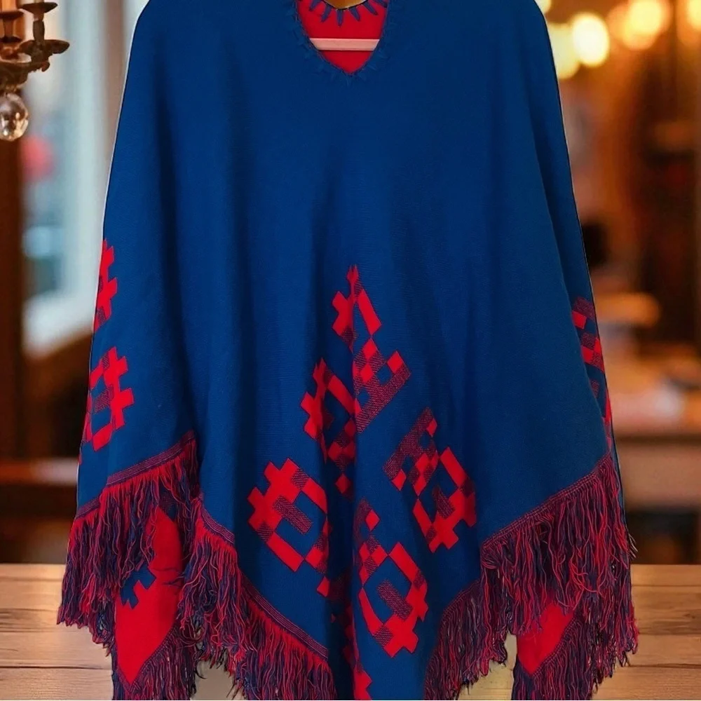 Vintage 70s Poncho Mexican Reversible Fringe Cape Shawl Blue/Red Wool Handmade