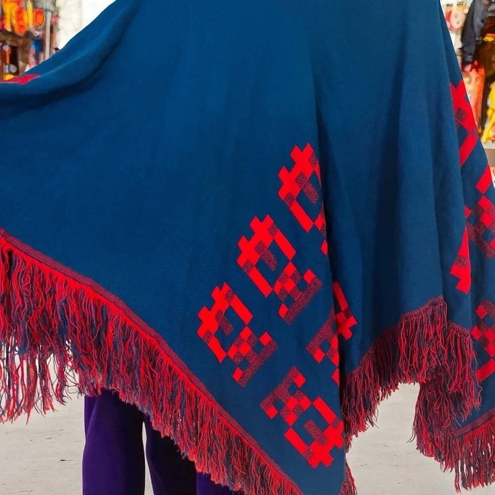 Vintage 70s Poncho Mexican Reversible Fringe Cape Shawl Blue/Red Wool Handmade
