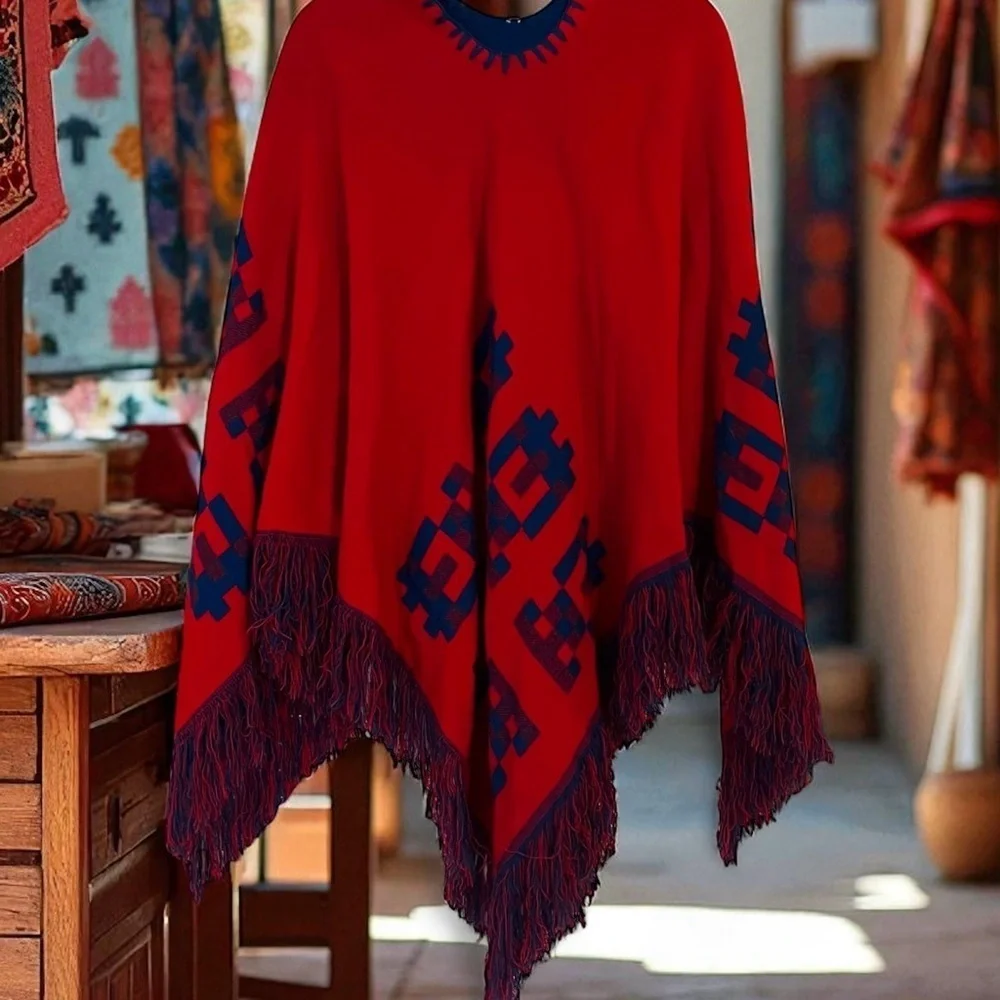 Vintage 70s Poncho Mexican Reversible Fringe Cape Shawl Blue/Red Wool Handmade