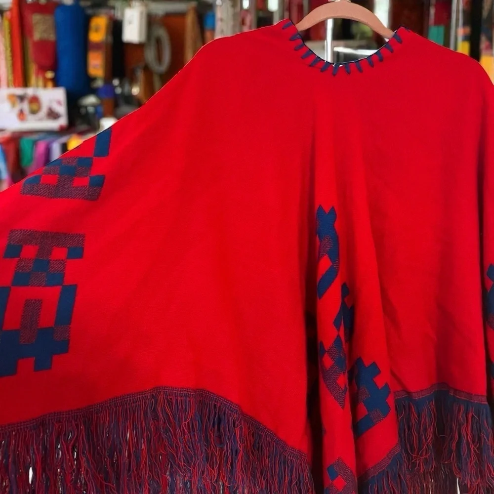 Vintage 70s Poncho Mexican Reversible Fringe Cape Shawl Blue/Red Wool Handmade