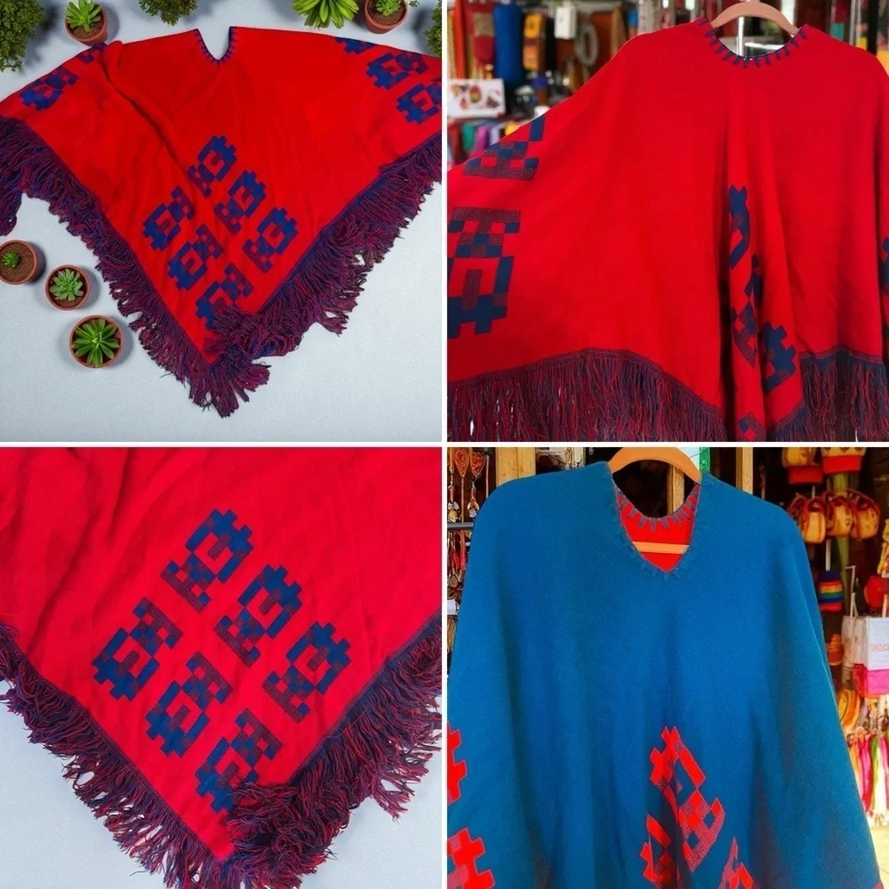 Vintage 70s Poncho Mexican Reversible Fringe Cape Shawl Blue/Red Wool Handmade