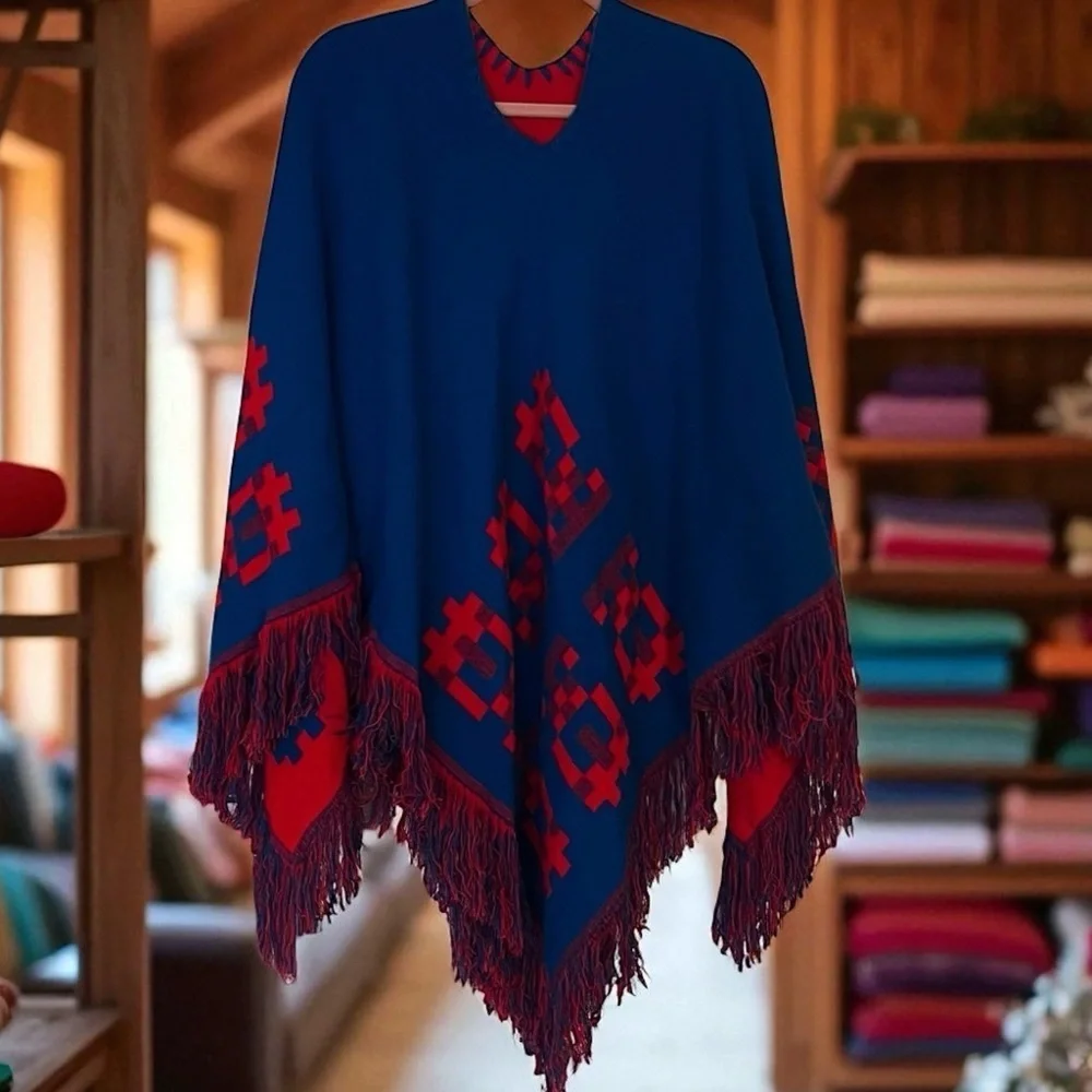 Vintage 70s Poncho Mexican Reversible Fringe Cape Shawl Blue/Red Wool Handmade