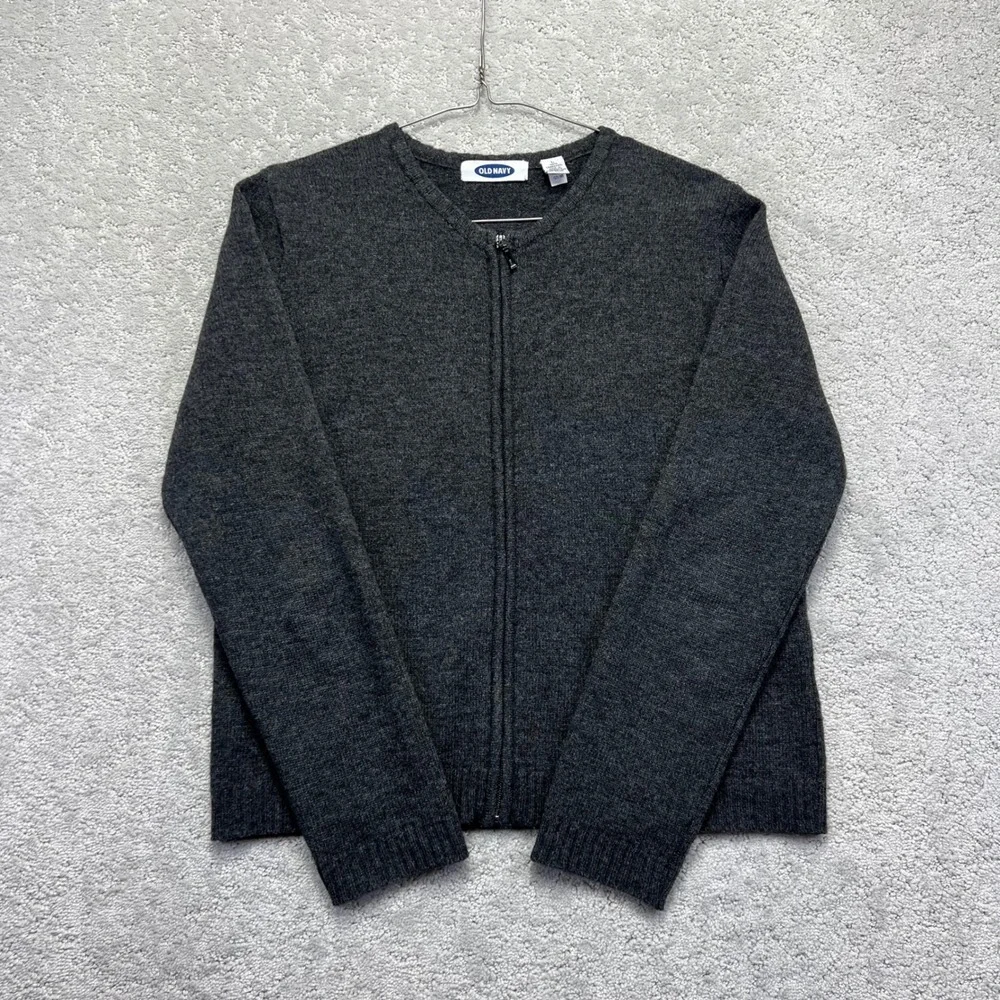 VINTAGE‎ 90s Old Navy Sweater Womens L Dark Grey 100% Lambswool Zip Up Cardigan