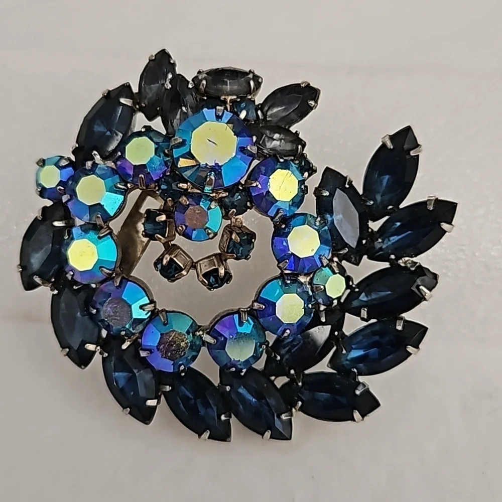 Vintage Large Aurora Borealis Navy Brooch
