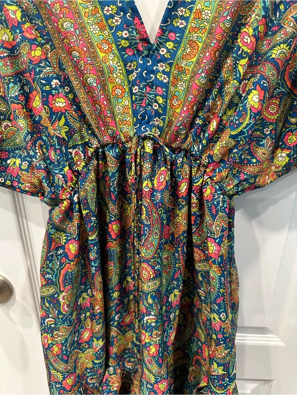 Swarna Greece Deep V-Neck Midi Dress in Multicolor Paisley Art. Silk 100%