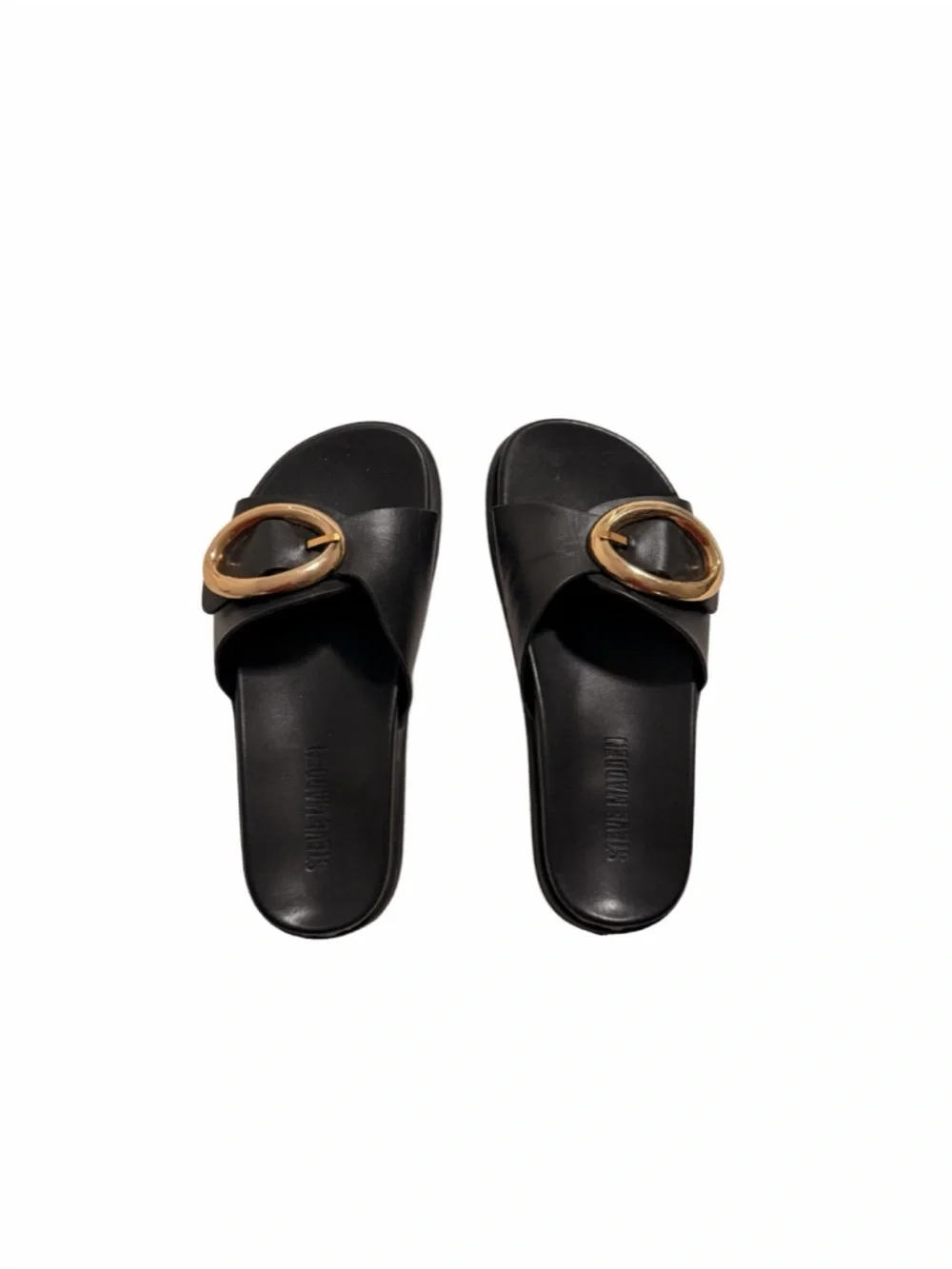 Steve Madden Black Slide Sandals with Gold Ring Accent
