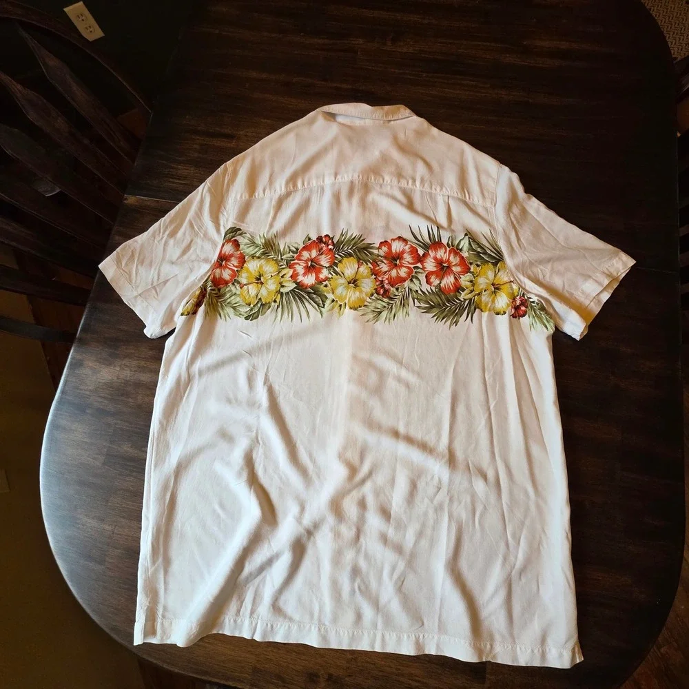 George M 2XLT White Tropical Hibiscus Floral Rayon Button Down Shirt GM26Y029BT