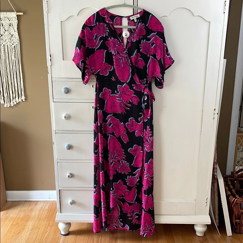 MONTEAU LOS ANGELES Floral Pink and Black Maxi Wrap Dress Large