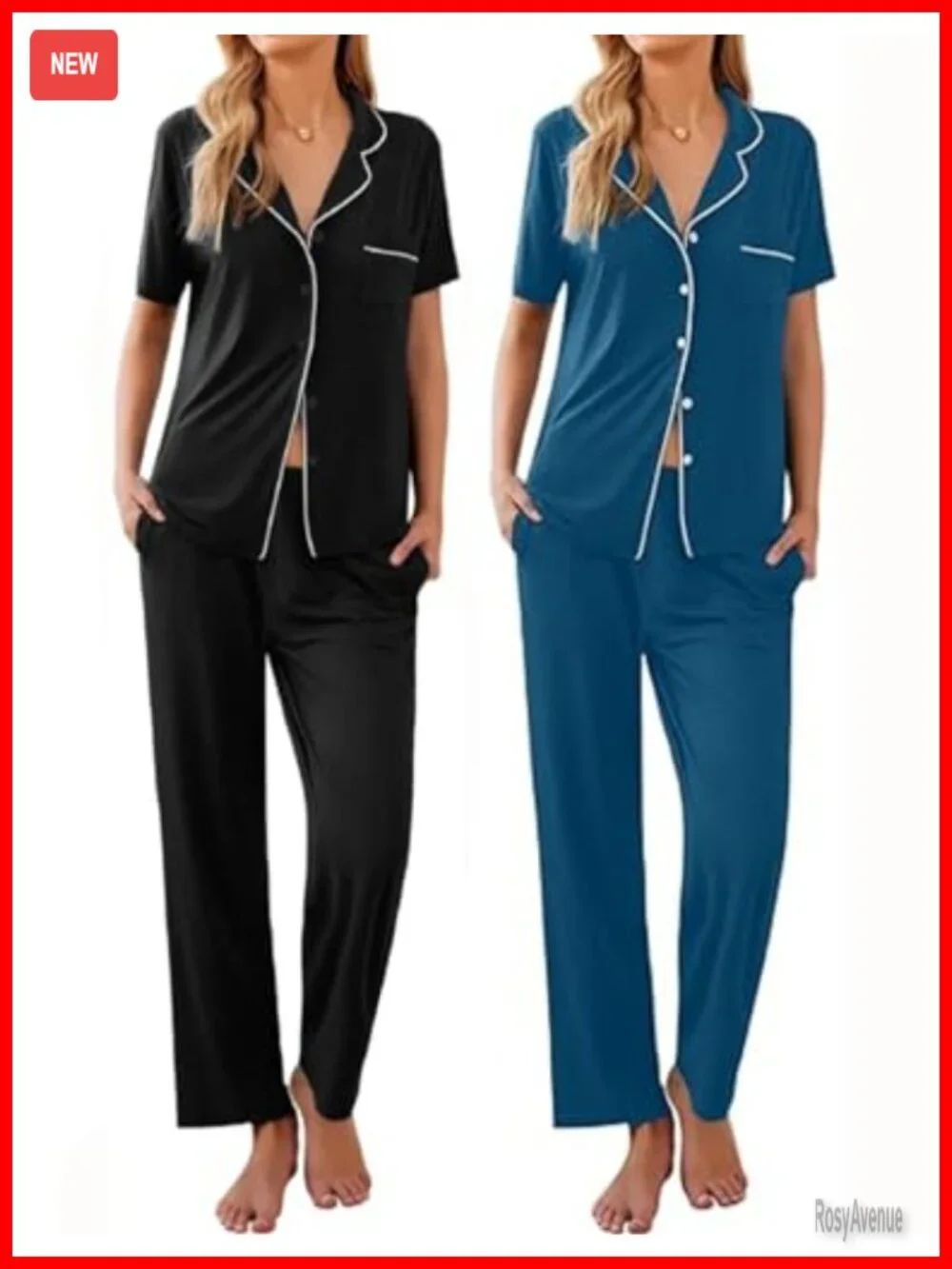 2 Pack Womens Pajama Short Sleeve Button Down Notch Collar Loungewear Sleepwear