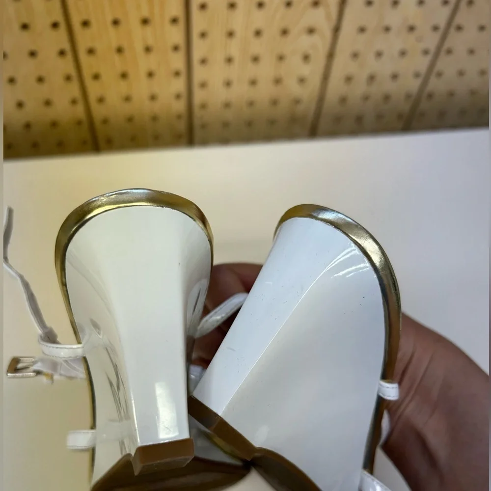 Etienne Aigner White and Gold High-Heeled Sandals