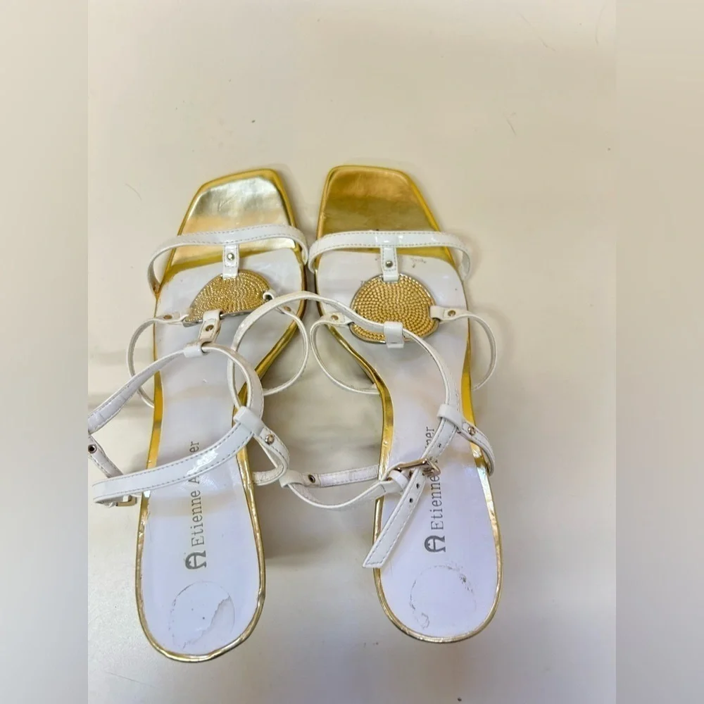 Etienne Aigner White and Gold High-Heeled Sandals