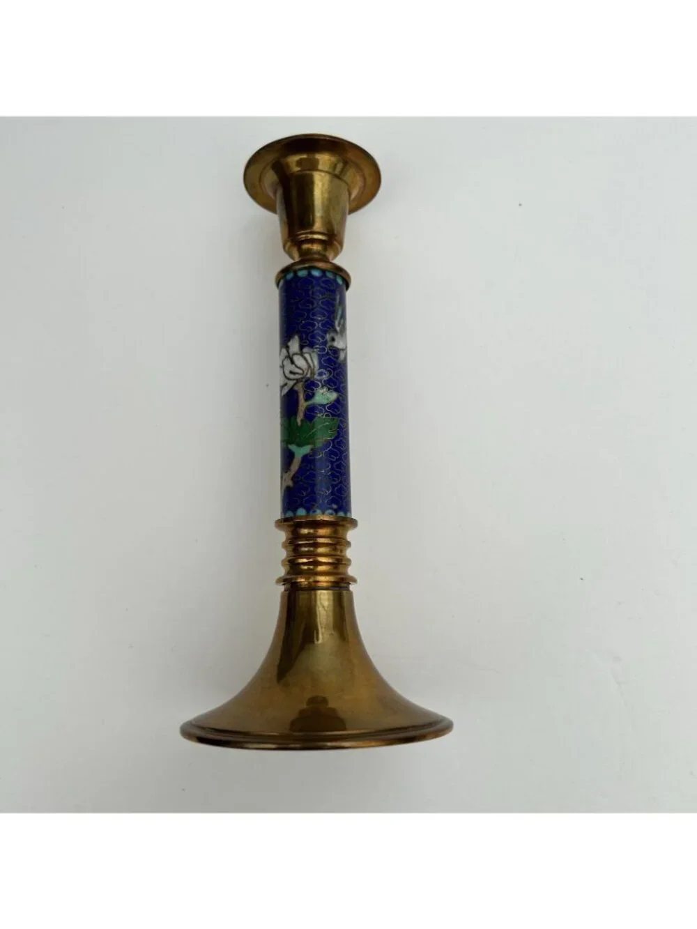 Vintage Brass Enamel Asian Bird Cloisonne Blue Candlestick Candle Holder 7.75”