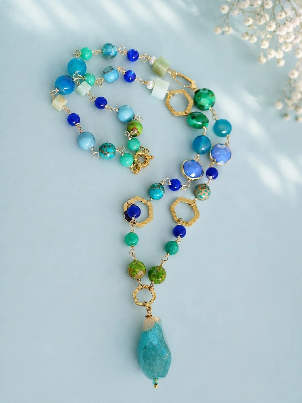Coastal Multi-Blue Beaded Pendant Necklace -