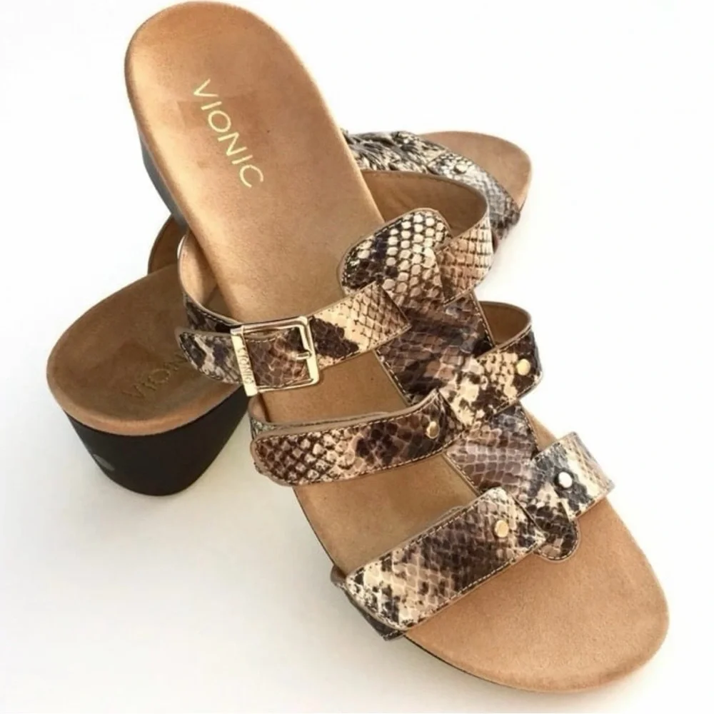 Vionic Radia Wedge Sandals Adjustable Triple Strap Snakeskin Slides