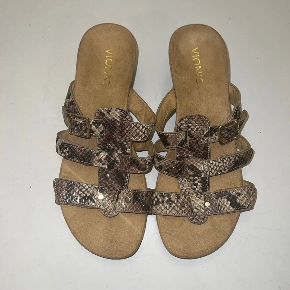Vionic Radia Wedge Sandals Adjustable Triple Strap Snakeskin Slides