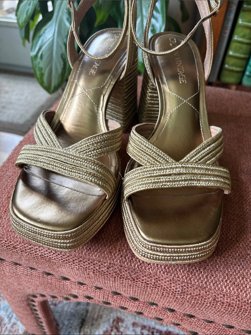 Crown Vintage Metallic Gold Braided Platform Sandals