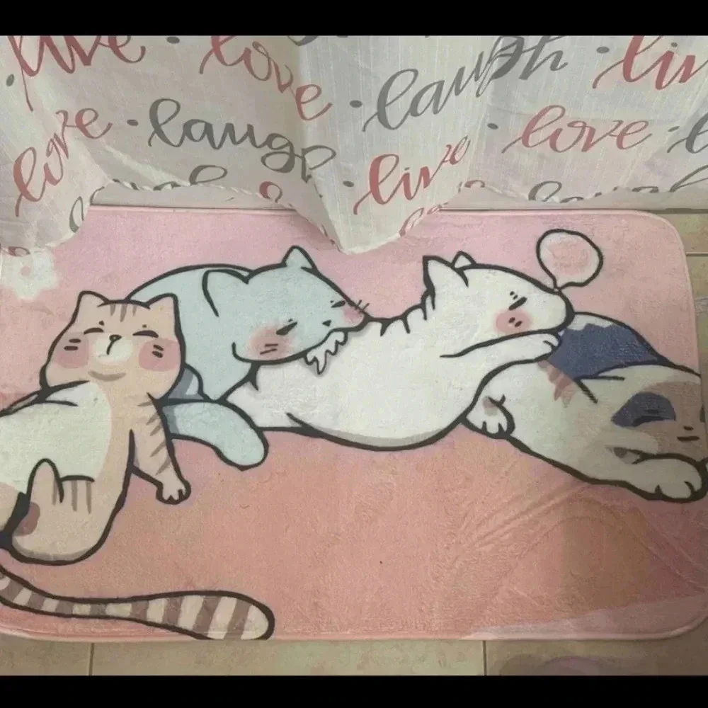 Pink plush bath mat mini rug with sleepy multicolored kittens design home decor