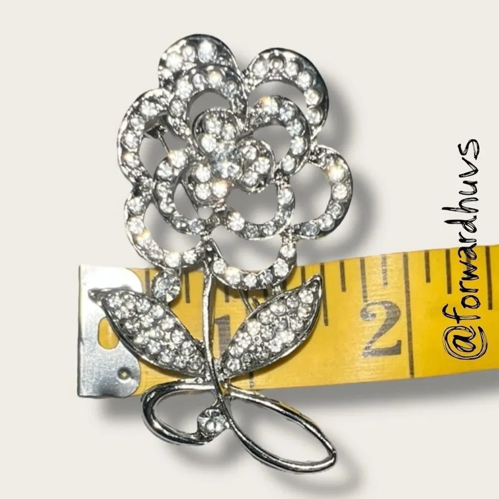 Vintage Silver Tone Rhinestone Flower Brooch