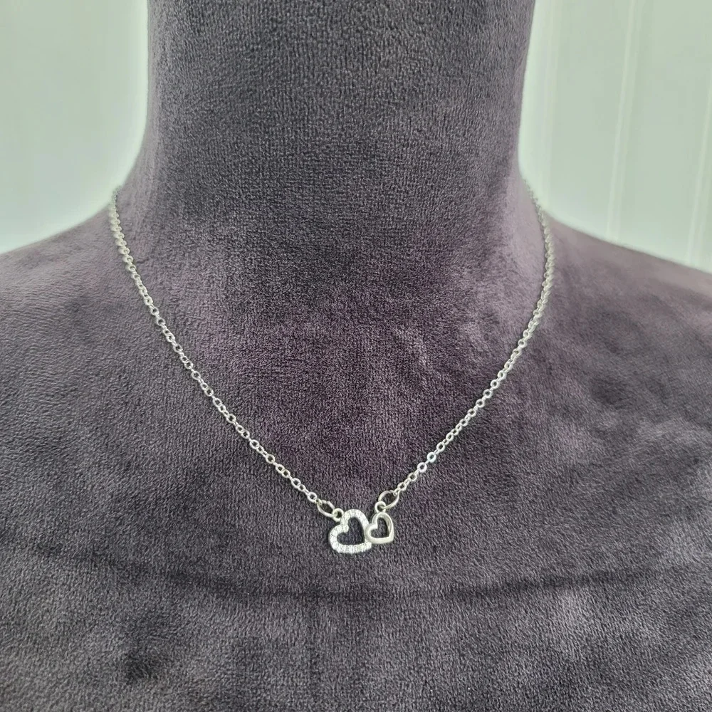 Double Hearts Silver Rhinestones Color Chain Necklace Adjastable 18