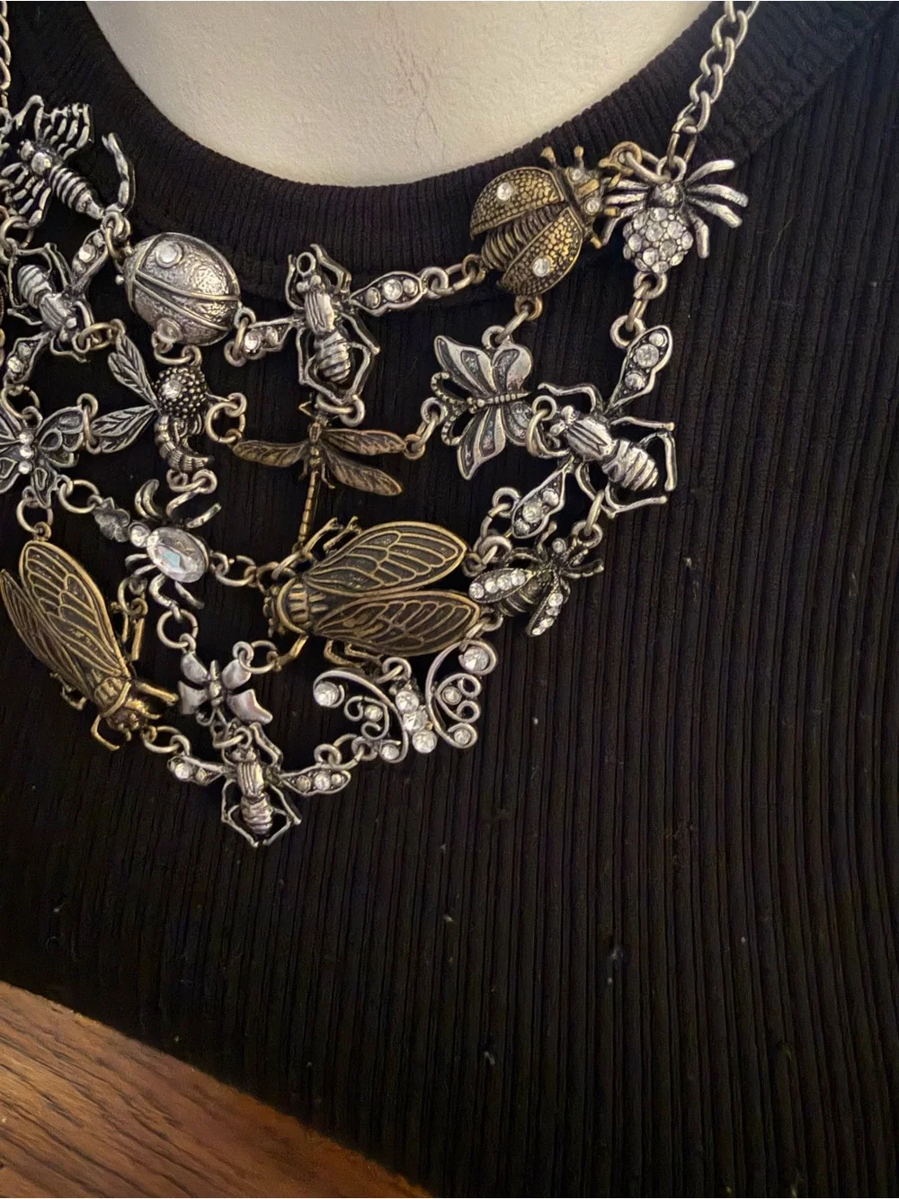Whimsical Multi-Layered Insect Statement Necklace Silver Brass Rhinestone