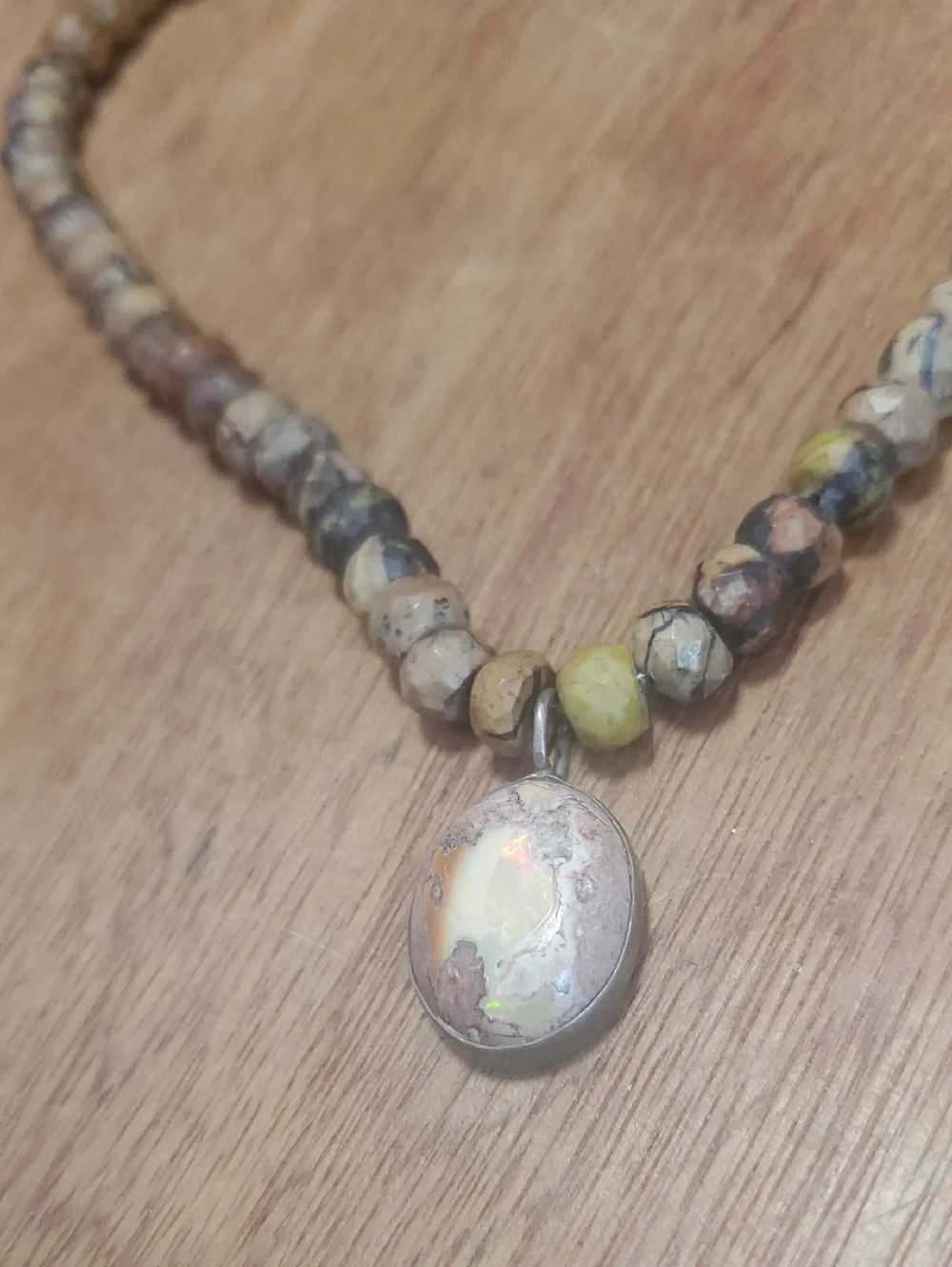 Beaded Opal Pendant Necklace in Neutral Tones - D
