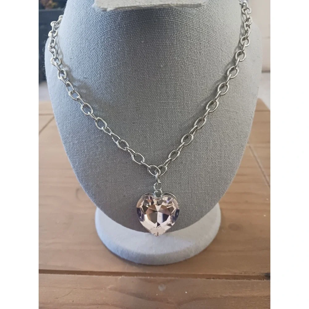Silver Tone Chunky Cable Chain Necklace Champagne Pink Faceted Heart Pendant