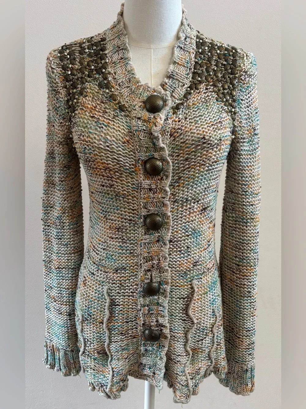 BCBG Max Azria Embellished Knit Cardigan Sweater Small Beaded Button Front