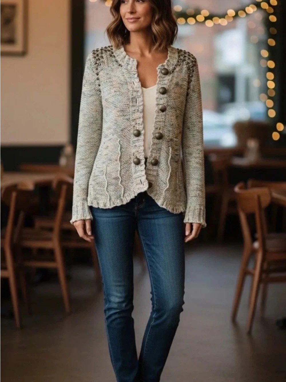 BCBG Max Azria Embellished Knit Cardigan Sweater Small Beaded Button Front