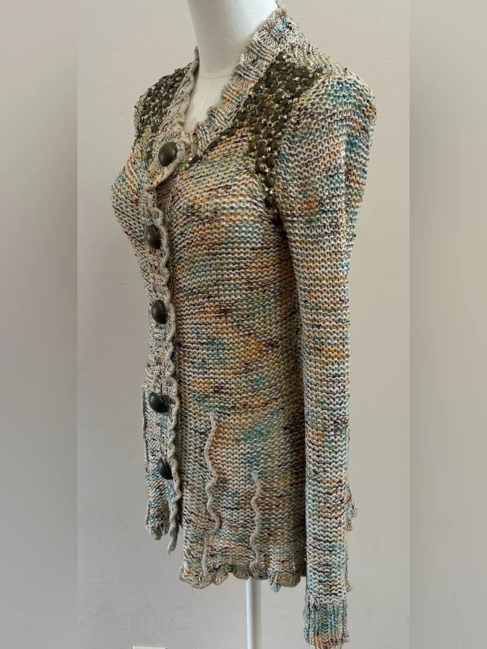 BCBG Max Azria Embellished Knit Cardigan Sweater Small Beaded Button Front