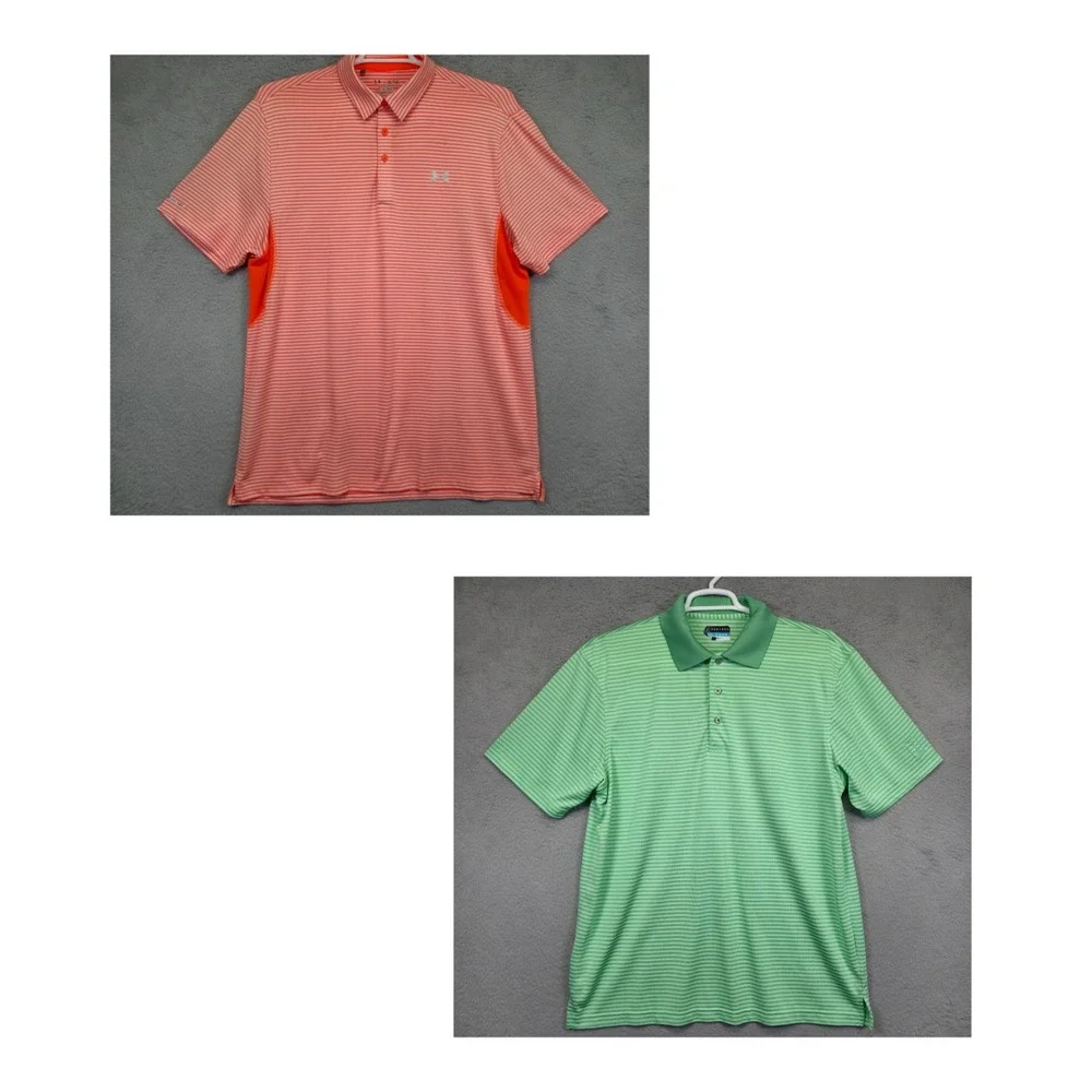 Under Armour Golf Polo Shirt Mens XL Orange Green Striped Stretch Sports Outdoor