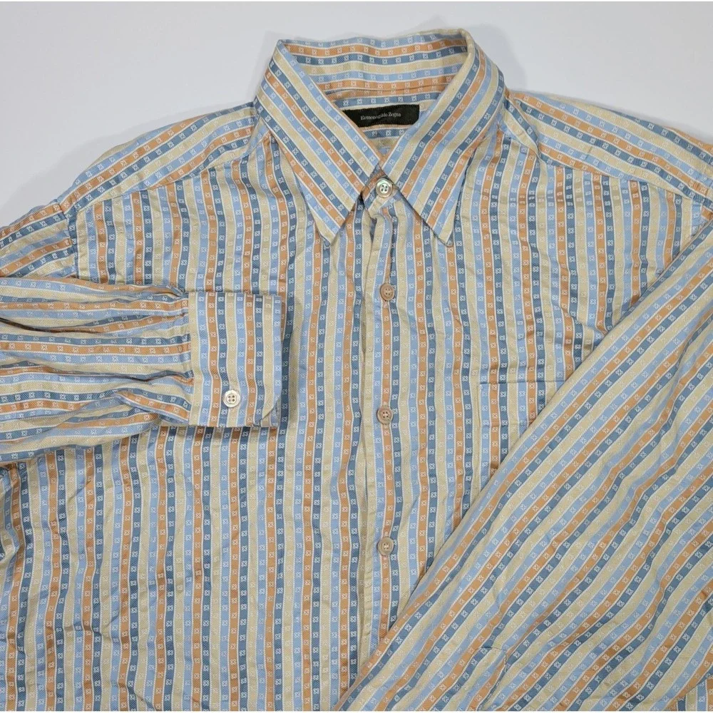 Ermenegildo Zegna Mens XL Striped Long Sleeve Shirt Cotton Made In Italy Luxury