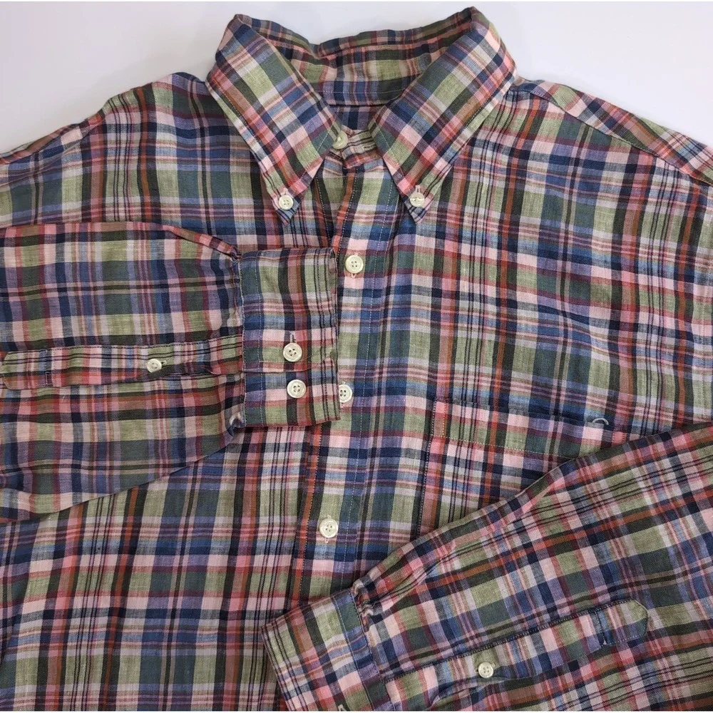 Brooks Brothers 1818 Irish Linen Plaid Shirt Mens L  AS IS READ Underarm Hole