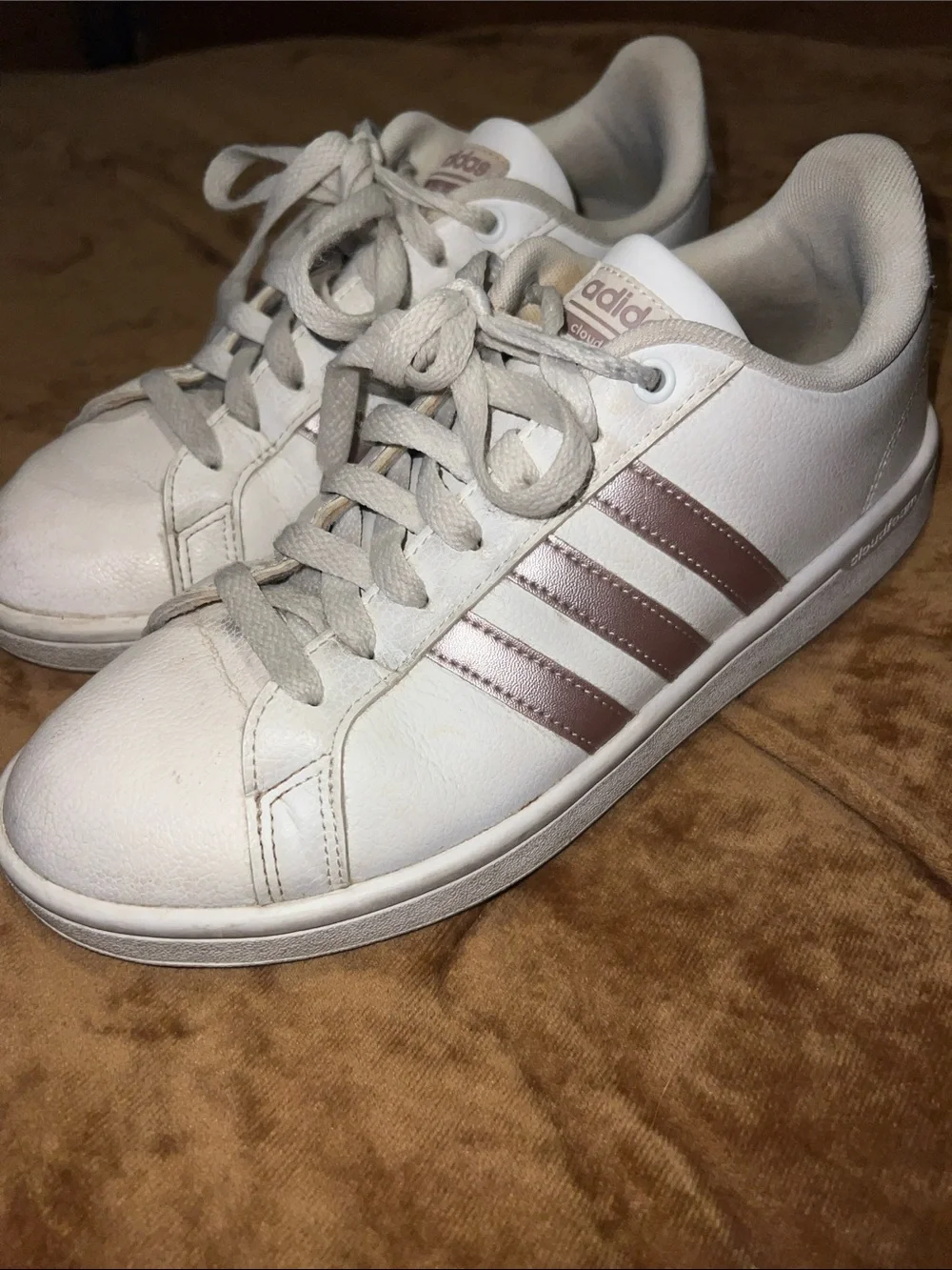 adidas Women’s White Sneakers with Rose Metallic Stripes
