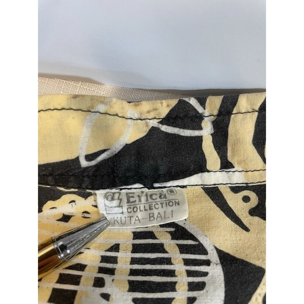 African Tribal Hawaiian Shirt Mens Large Square Buttons Kuta Bali Black Gold VTG