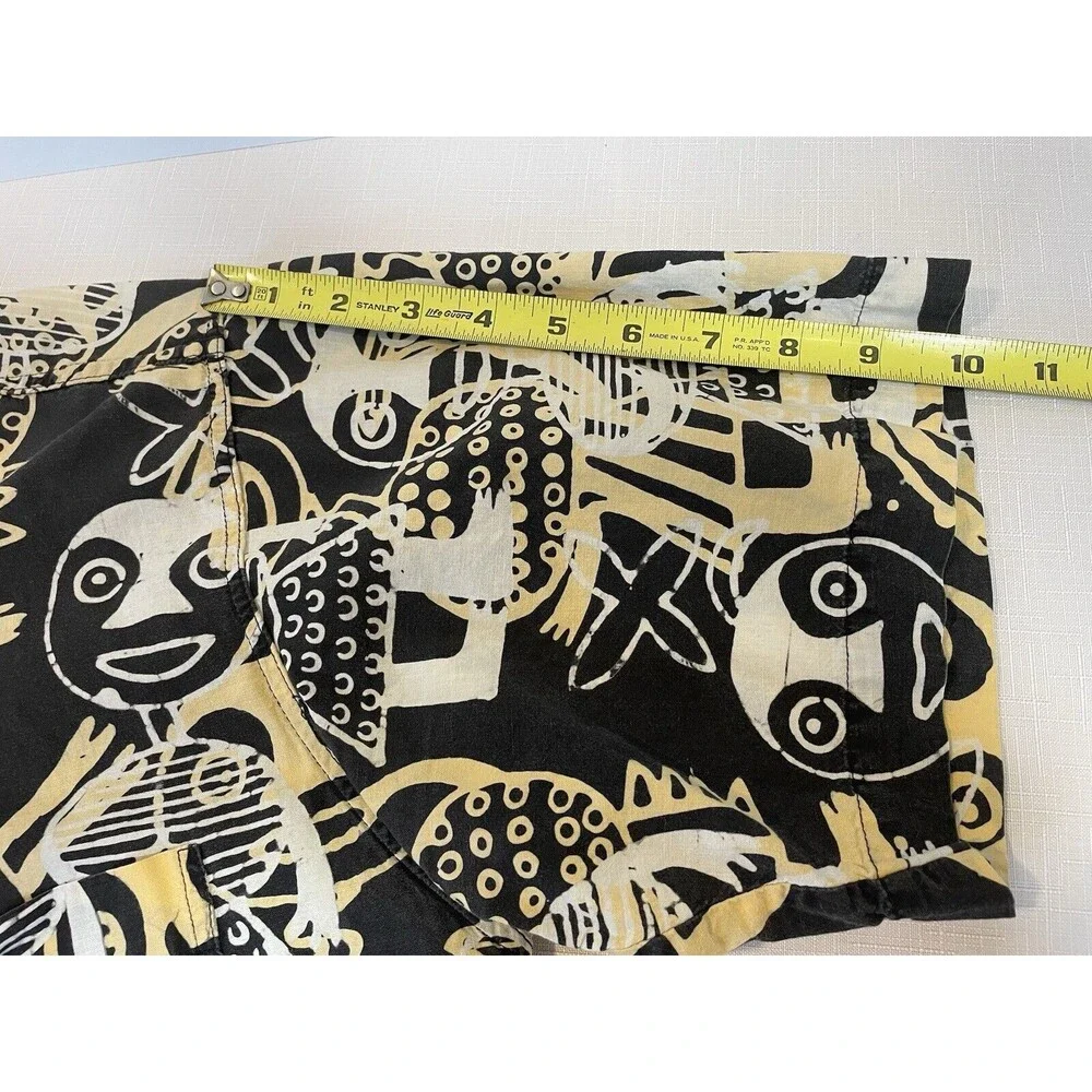 African Tribal Hawaiian Shirt Mens Large Square Buttons Kuta Bali Black Gold VTG