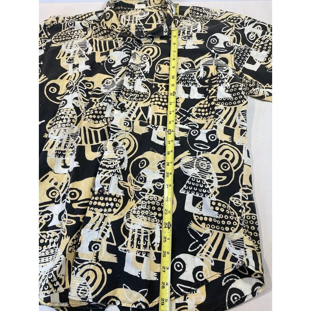 African Tribal Hawaiian Shirt Mens Large Square Buttons Kuta Bali Black Gold VTG