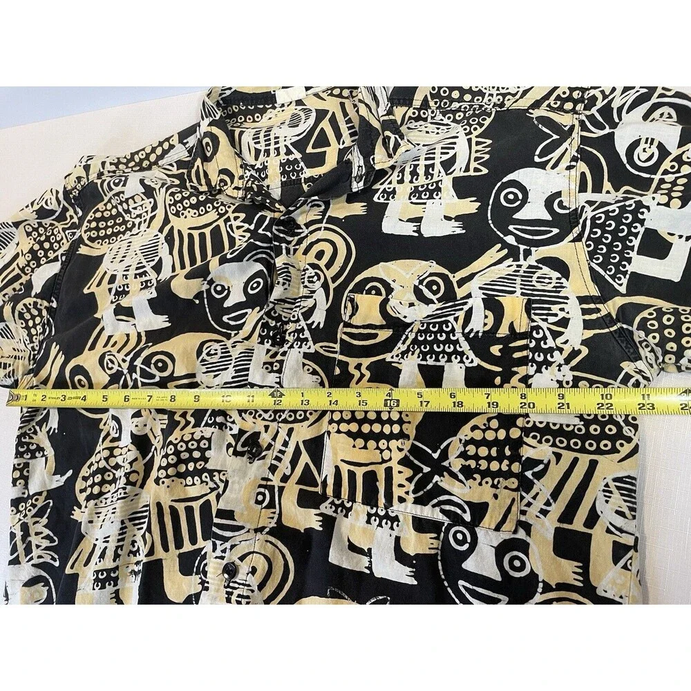 African Tribal Hawaiian Shirt Mens Large Square Buttons Kuta Bali Black Gold VTG