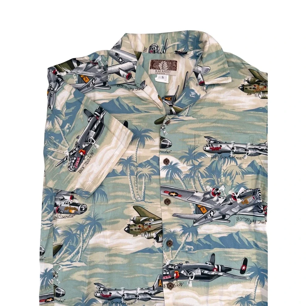 VTG Kalaheo Hawaiian Shirt Men S WWII Bomber Plane Aviation Aloha Military USA‎