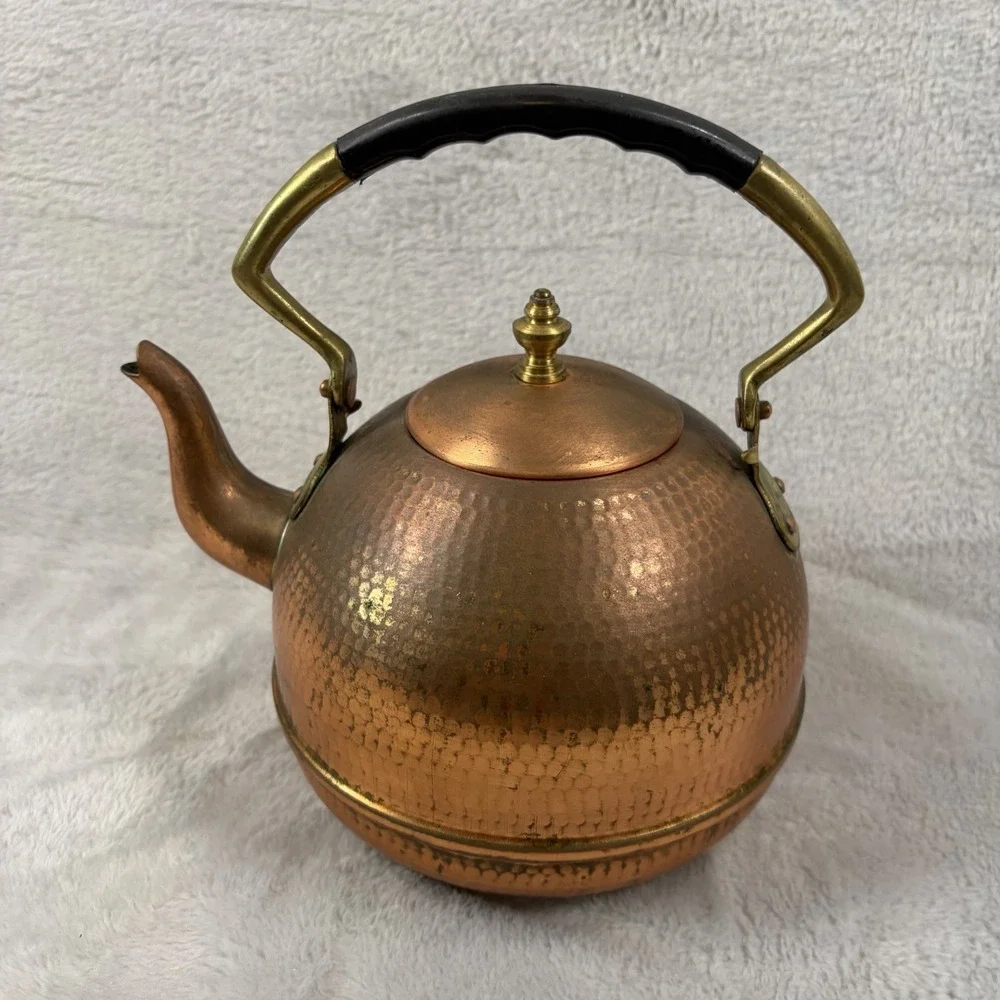 Vintage Hammered Copper Tea Kettle Brass Handle French Country Made in Portugal