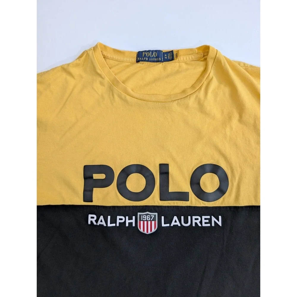 Polo Ralph Lauren T Shirt Mens XL Yellow Black Colorblock Spellout Shield 1967