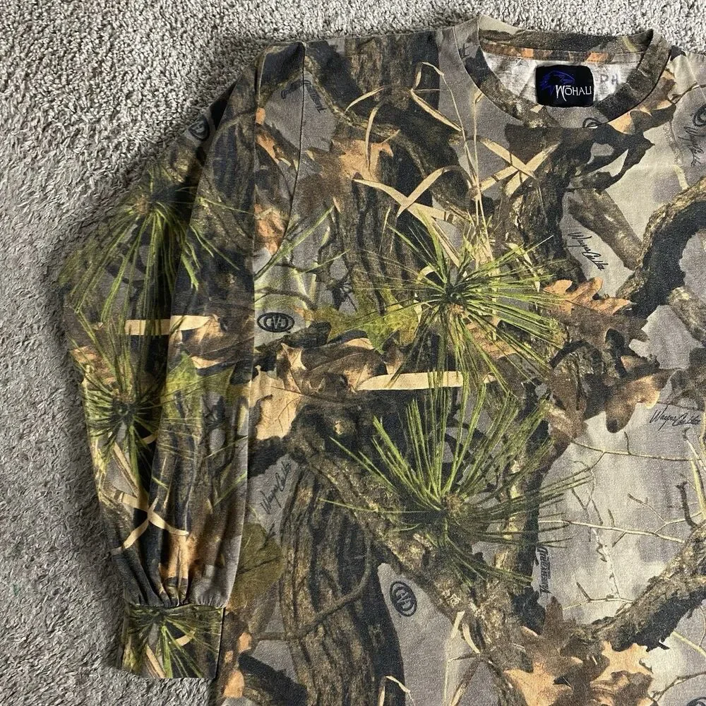 Vintage Wohali Outdoors Forest Camo Print T-shirt Size XL Hunting Fishing