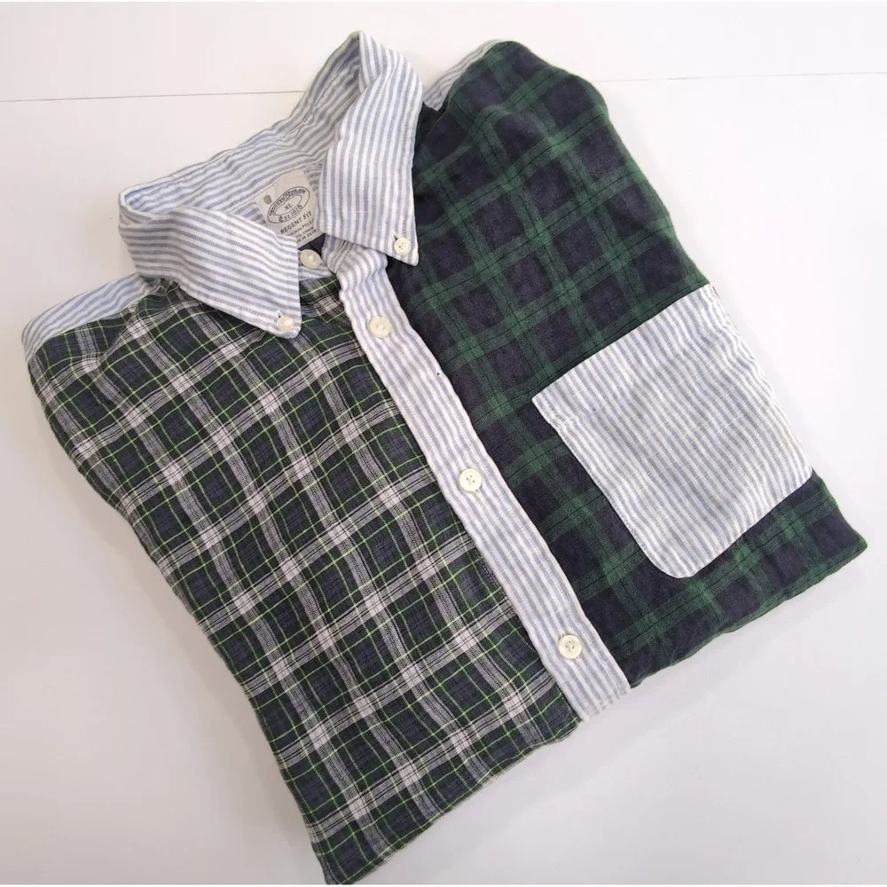 Brooks Brothers Fun Shirt Mens XL Baird McNutt Linen Patchwork Plaid Stripe