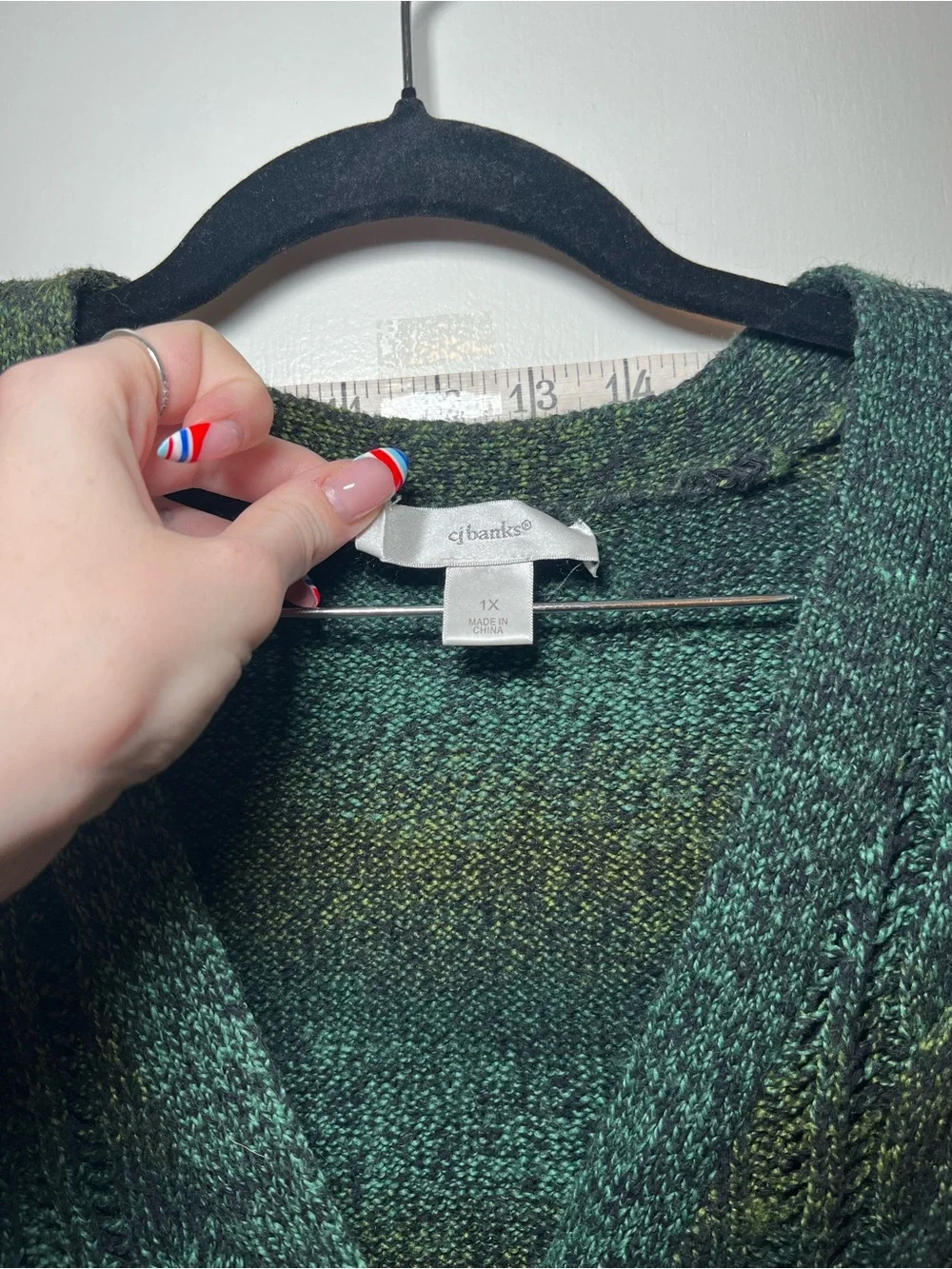 CJ Banks Plus Size Dark Green Ombré Gradient Striped V-Neck One Button Cardigan