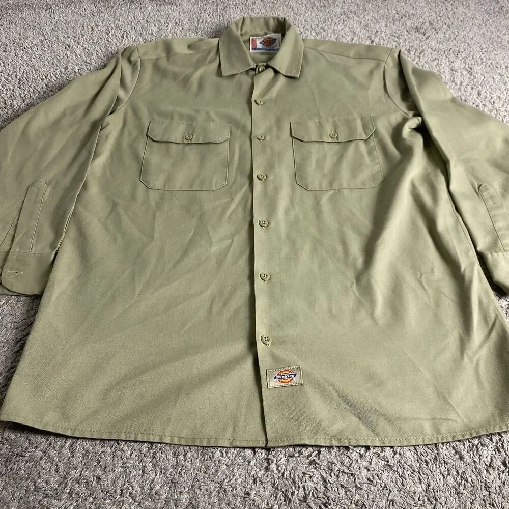 Dickies Work Shirt Mens Medium Long Sleeve Industrial Button Up Khaki Tan Chore